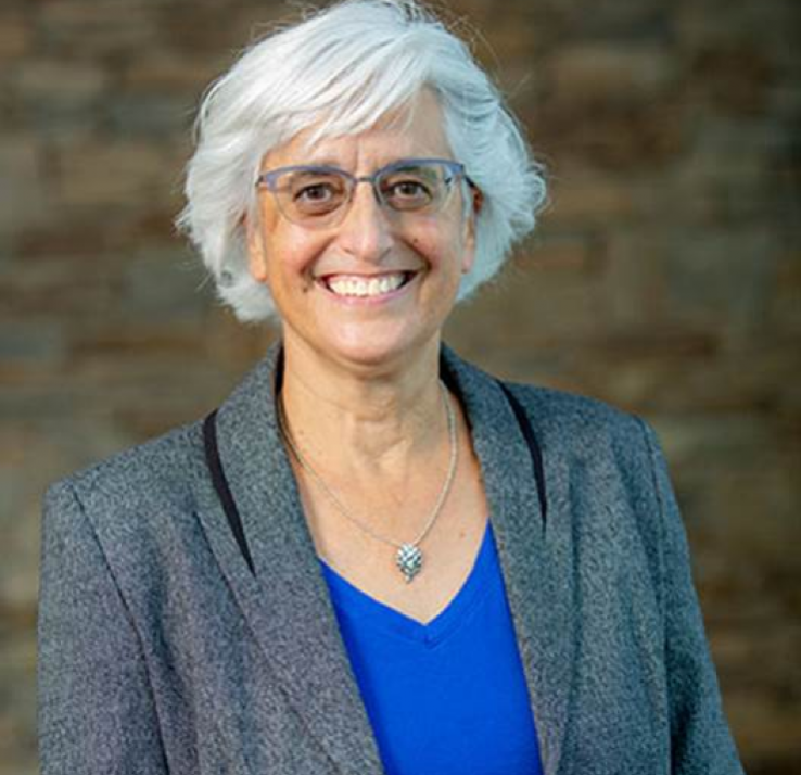 image shows the head and shoulders of a smiling light-skinned woman with short white/grey hair wearing glasses and a blue v-neck shirt with a medium heather grey suit jacket