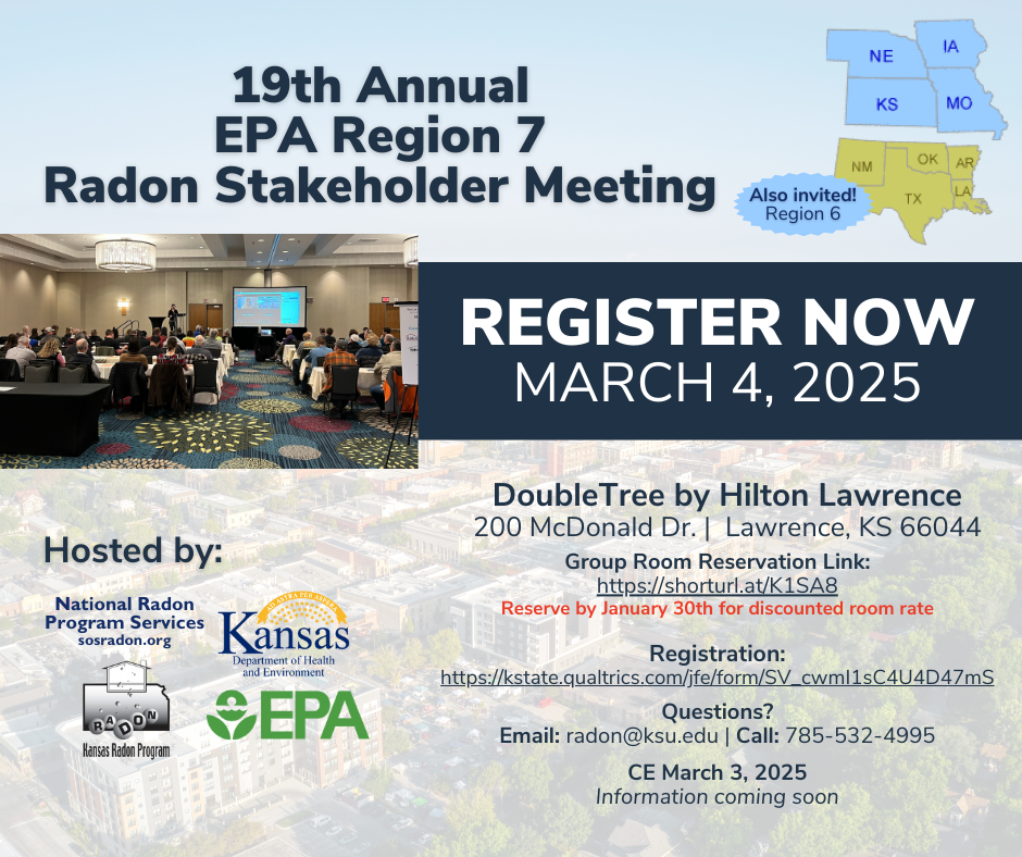 image showing the states of EPA Region 7 NE, IA, KS, MO and Region 6 NM, TX, OK, AR, LA and listing the information on this page for registration, hotel